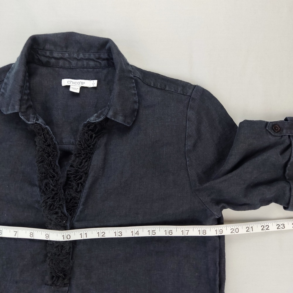 Chico's Shirt Dress Women 1 8 Black Linen Ruffle Trim Short Sleeve Shift Pockets - Picture 4 of 8